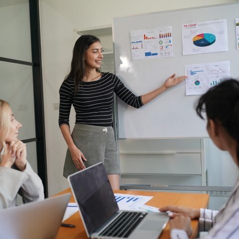 Businesswoman Pointing At Charts On whiteboard During Corporate Meeting Indoor